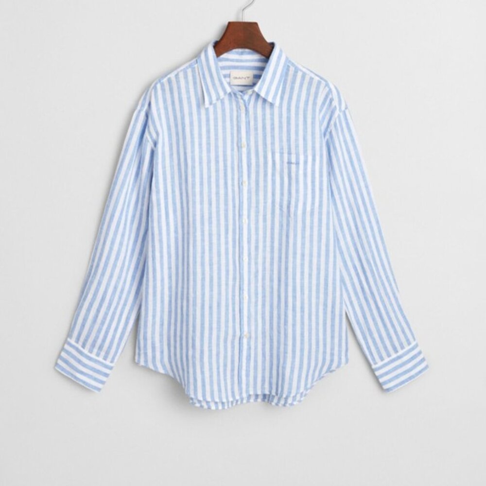 Gant Women's Linen Striped Relaxed Fit Long Sleeves Perfect Blue Shirt size US 6